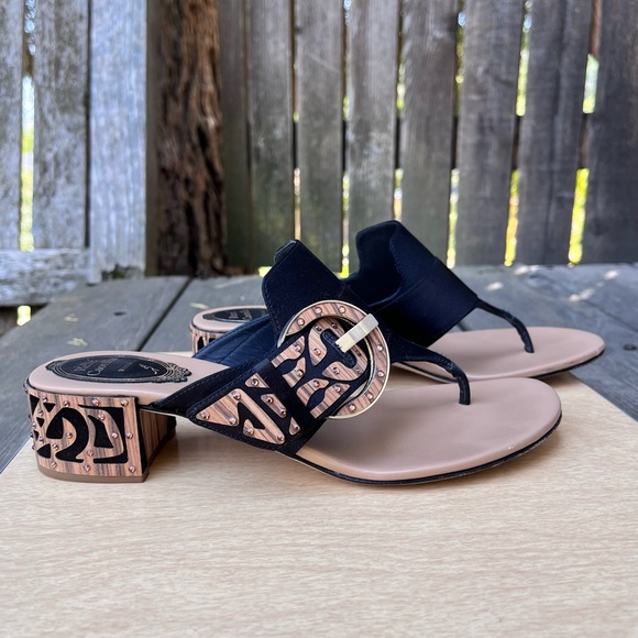 Rene Caovilla Satin Crystal & Wood Embellished Thong Sandal Heels Sz 37.5 Italy - Picture 2 of 16